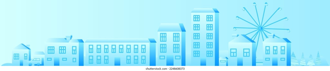 Blue winter city in a stretched vertical orientation. Cute carousel houses. Vector stock image for winter banners.