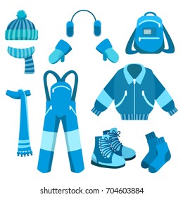 Blue winter clothes collection with backpack, boots, socks, vector illustration