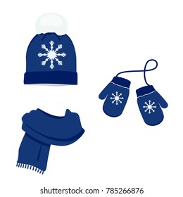 Blue winter clothes with snowflake. Knitted hat, scarf and mittens. Vector icon set