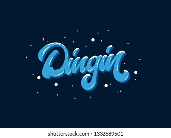 Blue Winter Cold/Dingin Calligraphy With Snow Flake