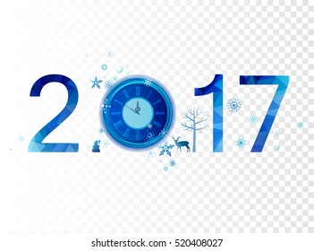 Blue winter composition with number for any background. Merry Christmas and New Year 2017 with holiday clock, snowflakes and decorative design elements.