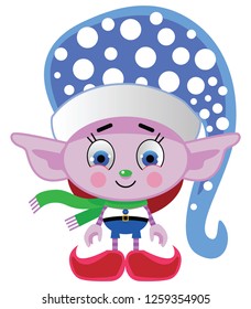 Blue winter elf in a polka dot cap