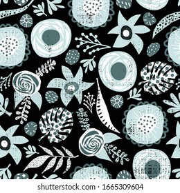 Blue Winter florals on black background seamless vector pattern.