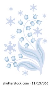 blue winter flower with some snow on white background