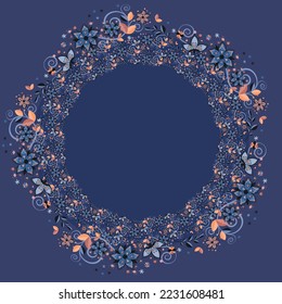 Flores azules de invierno, marco de círculo, ilustración vectorial. Plantilla para tarjetas de regalo e invitaciones.