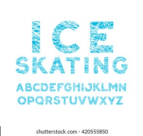 blue winter font. alphabet with cross-hatched letters like traces of skates on the ice. chaotic scratches.