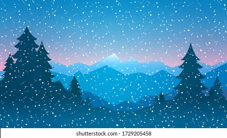 Blue winter forest with mountains and snow. Vector illustration.