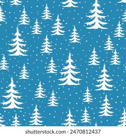 Blue winter forest Scandinavian seamless pattern. Vector blue New Year print, Christmas tree background, frozen spruce white texture with fir tree for paper, fabric, season decor, gift wrap.