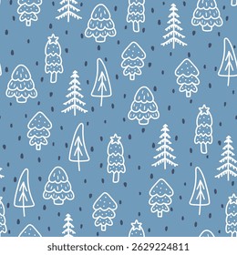 Blue winter forest Scandinavian seamless pattern. Vector New Year print, cute Christmas tree background, funny white spruce texture with fir tree on blue for paper, fabric, season decor, gift wrap.