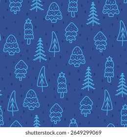 Floresta azul inverno padrão escandinavo sem costura. Vetor Ano Novo imprimir, fundo bonito árvore de Natal, textura de abeto engraçado com abeto árvore no azul para papel, tecido, decoração de estação, envoltório de presente, decoração.