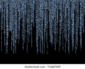 Blue winter glitter festoons, falling confetti garlands holiday background vector illustration. Confetti dust falling down, holiday lights, garlands vertical lines. Sparkles glitter, tinsels design. 