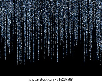 Blue winter glitter festoons, falling confetti garlands holiday background vector illustration. Confetti dust falling down, holiday lights, garlands vertical lines. Sparkles glitter, tinsels design.