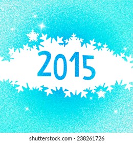 Blue winter glow background with shapes of white snowflakes and numbers 2015. New year banner design.