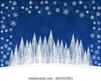 Blue winter greeting background, with trees forest and snowflakes. Vector EPS 10.
