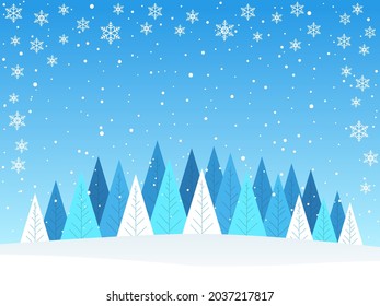 Fondo de bienvenida de invierno azul, con bosque de árboles y copos de nieve. EPS vectorial 10.