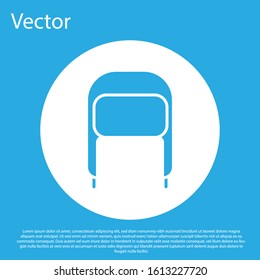 Blue Winter hat with ear flaps icon isolated on blue background. White circle button. Vector Illustration