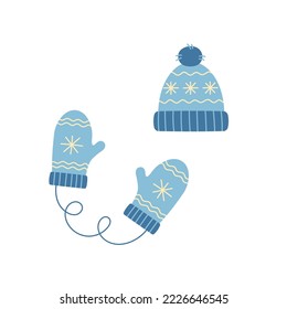 sombrero azul de invierno y mitones. Beanie de lana de coño con pompa. Estilo Doodle. Ilustración vectorial aislada