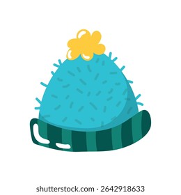 Blue winter hat with pompom. Vector illustration