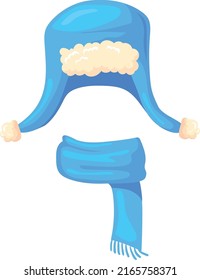 Blue winter hat and warm scarf. Cartoon knitting icon isolated on white background