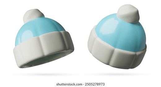 Sombreros de invierno azules iconos 3d. Los niños llevan Elementos tridimensionales lindos en un estilo plástico mínimo.