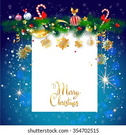Blue winter holiday background with place for text. Christmas design for card, banner,ticket, leaflet and so on.