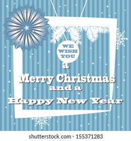 Blue winter holiday greeting with the text we wish you a Merry Christmas and a Happy New Year