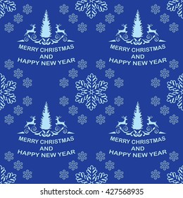 Blue Winter Holiday pattern with Christmas trees and reindeer. Print colors used.