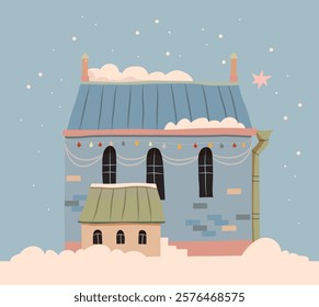 Blue Winter House Cute Christmas Card, Blue New Year's house against the background of sky and snow