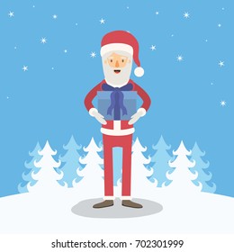 blue winter landscape background with full body caricature of santa claus with gift box in her hands vector illustration
