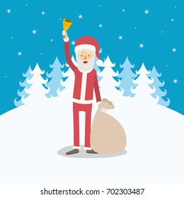 blue winter landscape background with full body caricature of santa claus with bell and bag of gifts vector illustration
