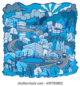 Blue winter landscape city and malls, RGB EPS 10 vector illustration