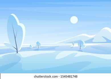 Blue winter landscape flat vector illustration. Scenic view with snowy field and mountains under sky. Sunny cold day. Wintertime outdoor scene. Seasonal nature background with snow