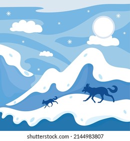 Blue winter landscape with hills and a pack of wolves Vector