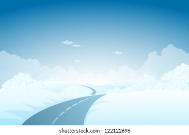 Blue Winter Landscape with Road and Clouds