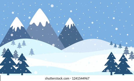 Blue winter landscape with snow, pine trees and mountains with white peaks. Landscape vector illustration.