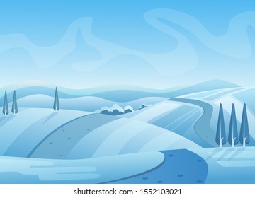 Blue winter landscape vector illustration. Snowy hills with trees. Road on snow. Wintertime, cold weather. Rural area under sky. Picturesque seasonal background. Frosty outdoor scene