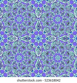 Blue, winter. Mandalas on blue background. Curls. Snowflakes. Vector.