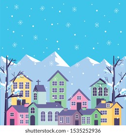 blue winter mountains landscape with houses and trees. vector illustration