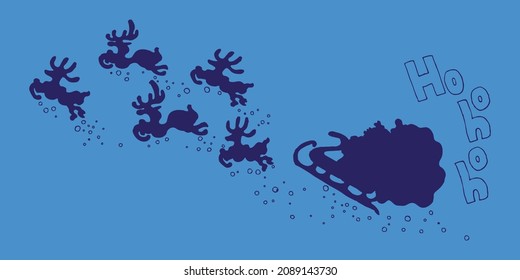 Blue Winter object. Santa Claus in a sleigh rides deer, carries gifts to children. New Year mood, Christmas card, horizontal web banner. New Year's background. Flat Postcard. Hohoho. Reindeer jump up.