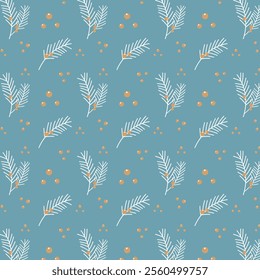 Blue winter pattern with fir spruce branches and berries. Vector illustration