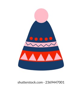 Blue winter patterned hat with pompom, flat vector. Knitted headwear. Cozy season.