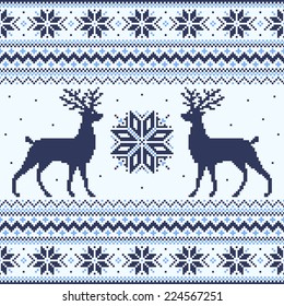Blue winter pixel background with deer and snowflakes