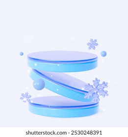 Blue winter podium with flying snowflakes. Round platform for showcasing Christmas products. Can be used for seasonal winter goods on social media. 3D vector illustration.