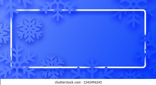 Blue winter poster with white frame and snowflakes for seasonal, Christmas and New Year decoration. Vector background.