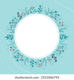 Blue winter round frame with Christmas flowers. Flat winter design. 
Template for presentation, web, flyer, gift card,  poster, post card, advertising  and social media. Vector illustration.