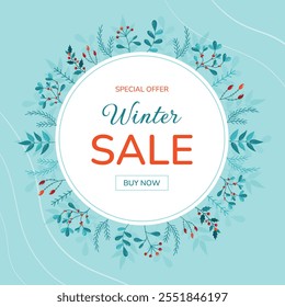 Banner de venda redonda de inverno azul com flores de Natal. Projeto de inverno plano. Modelo para apresentação, web, folheto, cartão, cartaz e mídias sociais. Faixa publicitária de desconto.  Ilustração vetorial.