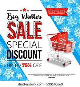 Blue Winter Sale Banner with Shopping Cart. Vector illustration