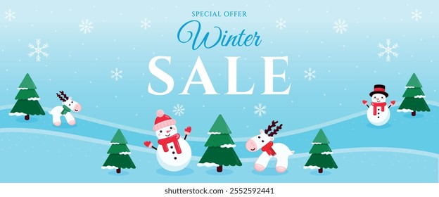 Blue winter sale template.  Discount banner. Background for social media. Cartoon style winter banner with falling snowflakes, snowmen, deer and  snowy trees. Event illustration. Vector illustration.