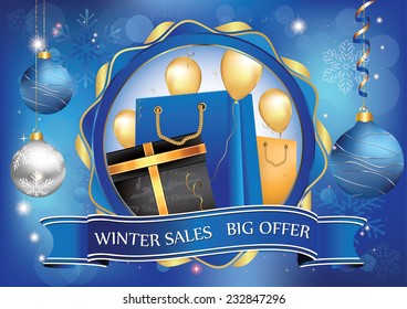 Blue Winter sales Big offer poster for print. Contains big shopping bags and box gifts, Christmas decorations , balloons and Christmas baubles. Format A4, print colors used. 
