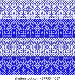 Blue winter seamless 8-bit pattern design with abstract flowers and trees